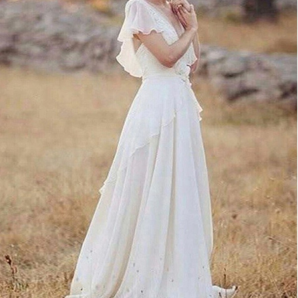 A-Line/Princess Chiffon V-neck Ruched Short Sleeves Floor-Length Wedding dress - Picture 2 of 9